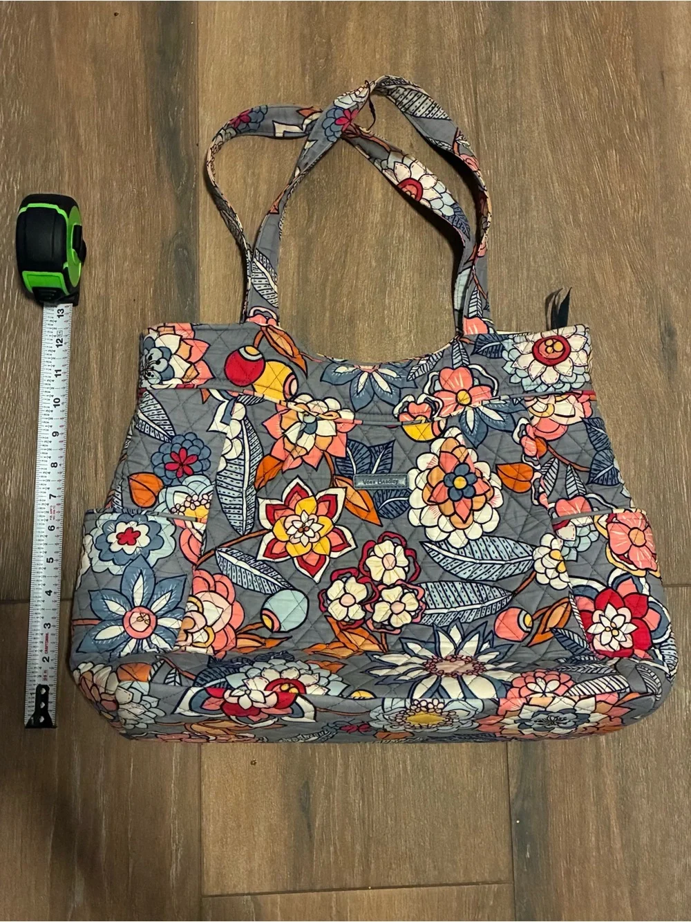 Vera Bradley Quilted Floral Tote in Gray with Coral, Yellow & Blue Accents